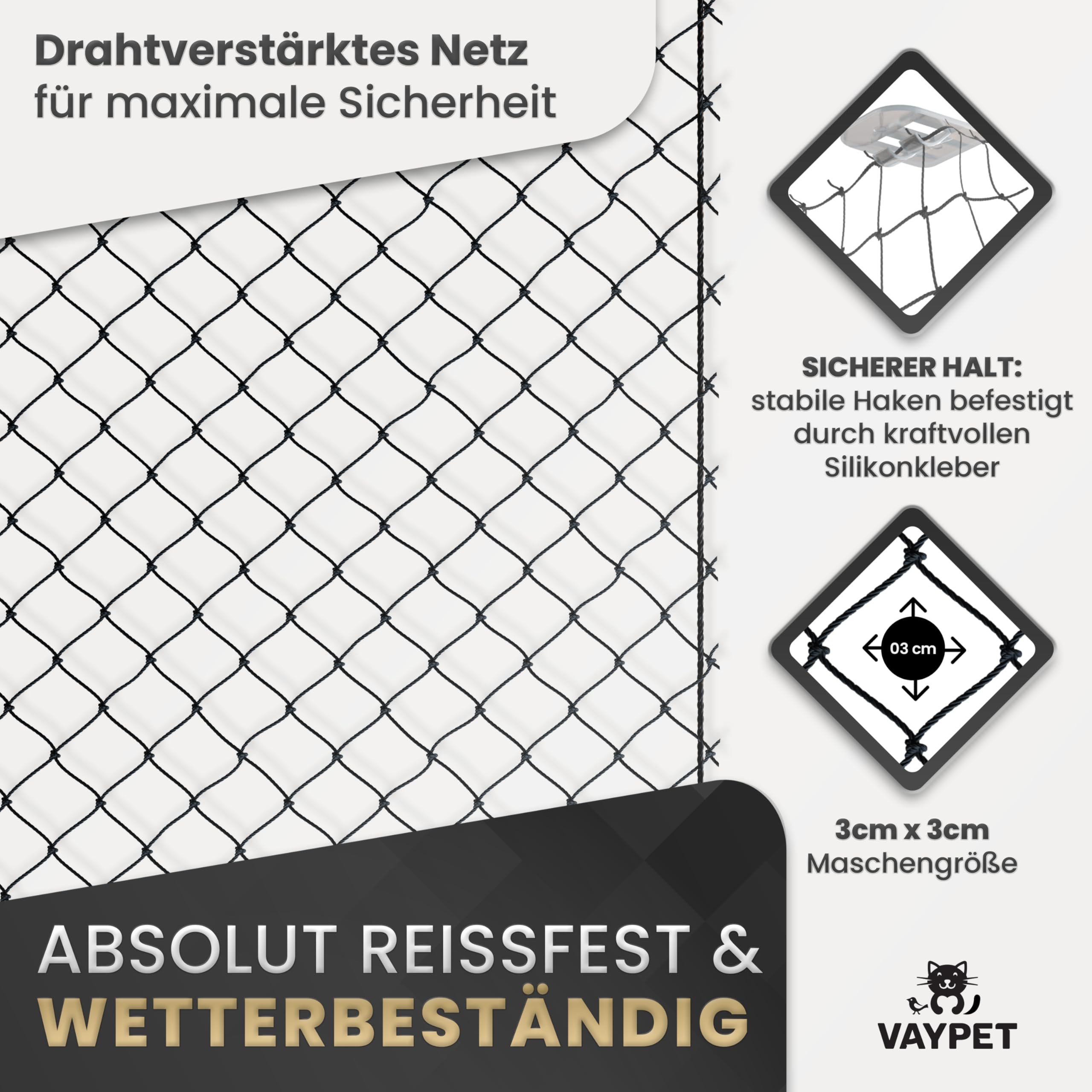 VAYPET® Katzennetz Balkon ohne Bohren [4x3m] - Balkonnetz drahtverstärkt | Inkl. Klebehaken + Silikonkleber | Wetterfestes Netz | Katzenschutznetz für Balkon, Fenster, Terrasse | Outdoor
