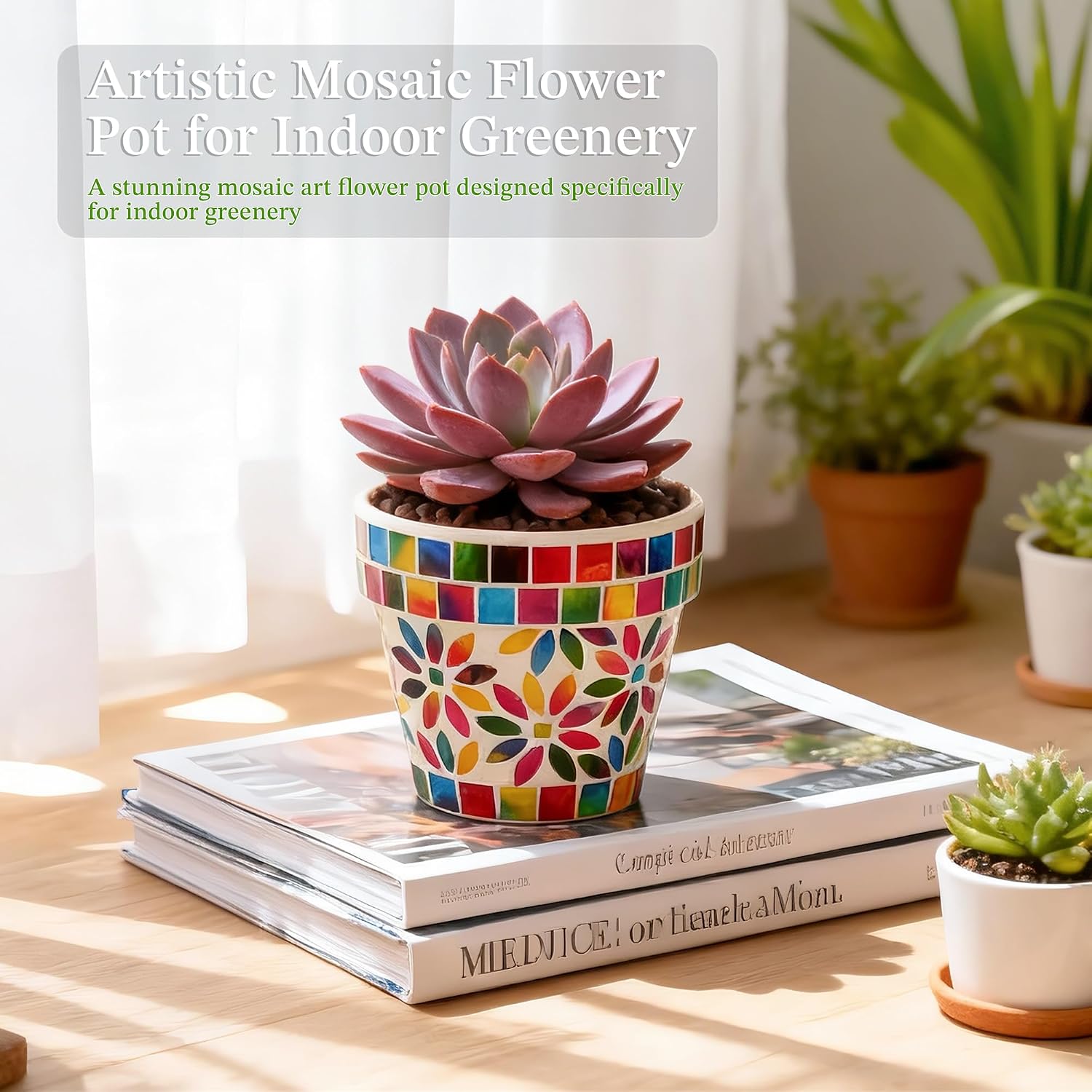 VOREEN Small Terracotta Mosaic Flower Pot with Colorful Floral Mosaic Exterior and Drainage Hole, Decorative Planter for Succulents, Small Flowers and Indoor & Outdoor Use