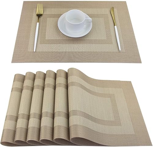 Miniatura 235 de PIGCHCY Juego de 6 manteles individuales beige de vinilo PVC duraderos para mesa de comedor, manteles individuales resistentes al calor, Beige -