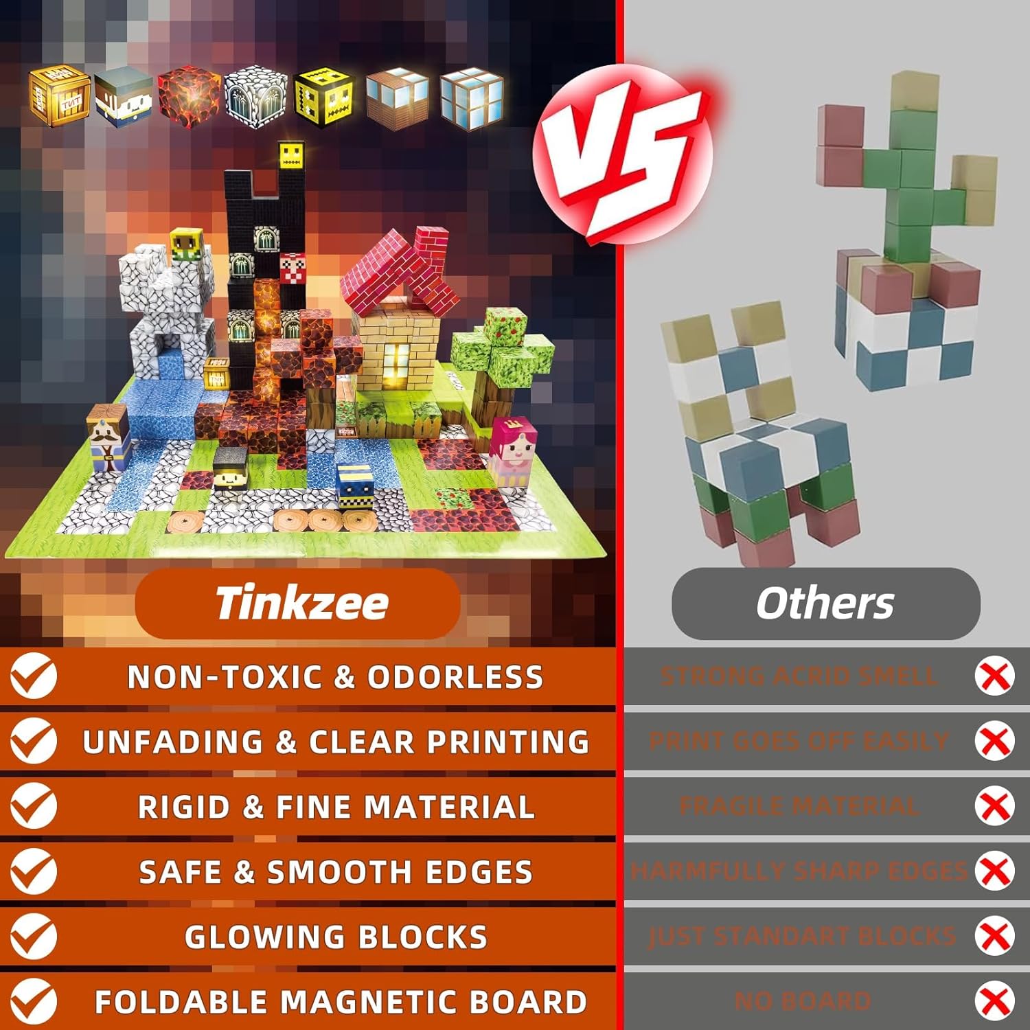 200 PCS Magnetic Building Blocks Set with 15 LED Light-Up Blocks, Replaceable Batteries, Foldable Magnetic Board, STEM Magnetic Cube Construction Sets Toy for Kids Ages 3+