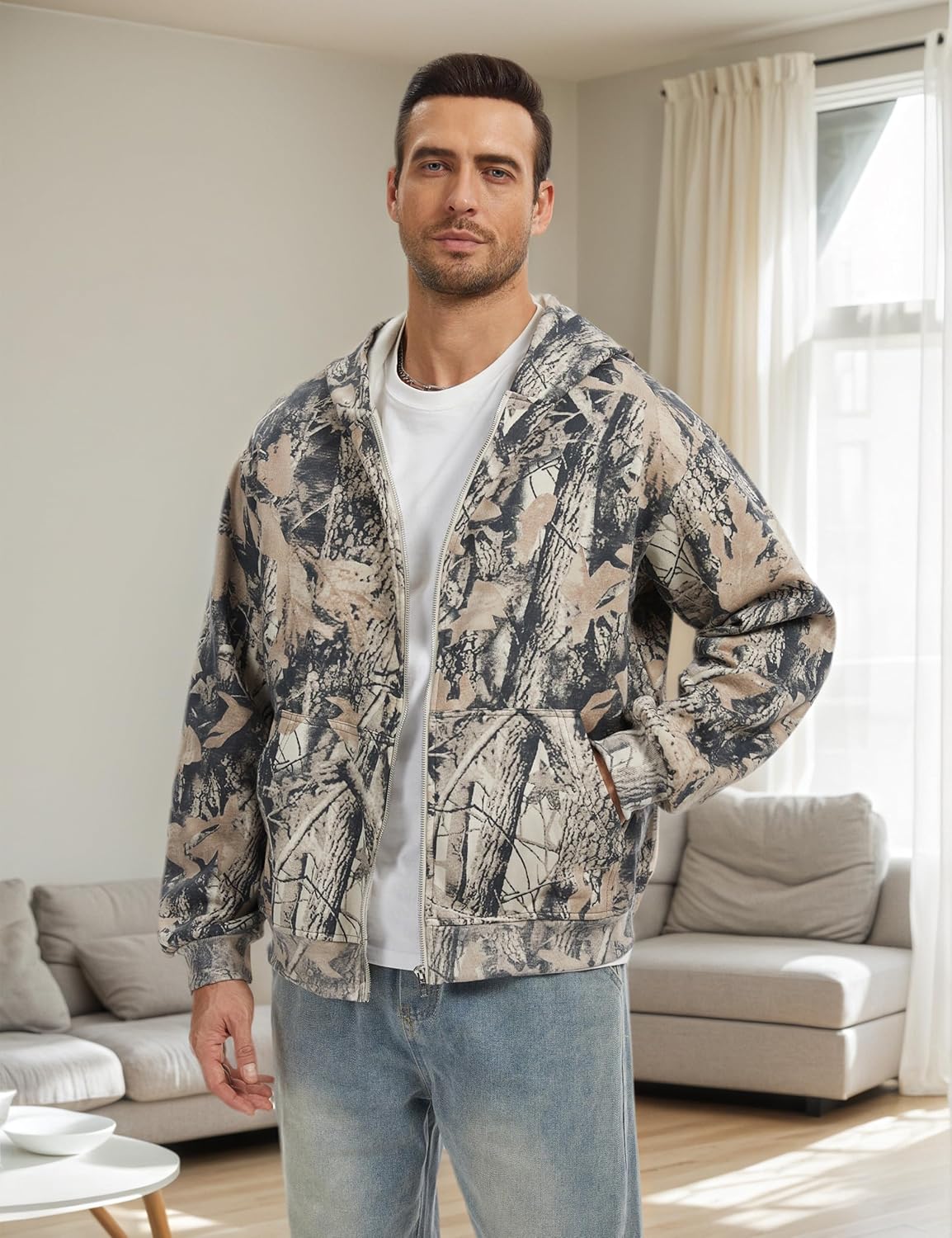 Camo Zip up Hoodie Men Full-Zip Fleece Hoodies Oversized Hooded Sweatshirts Maple Leaf Print Long Sleeve Sweatshirt - Image 4