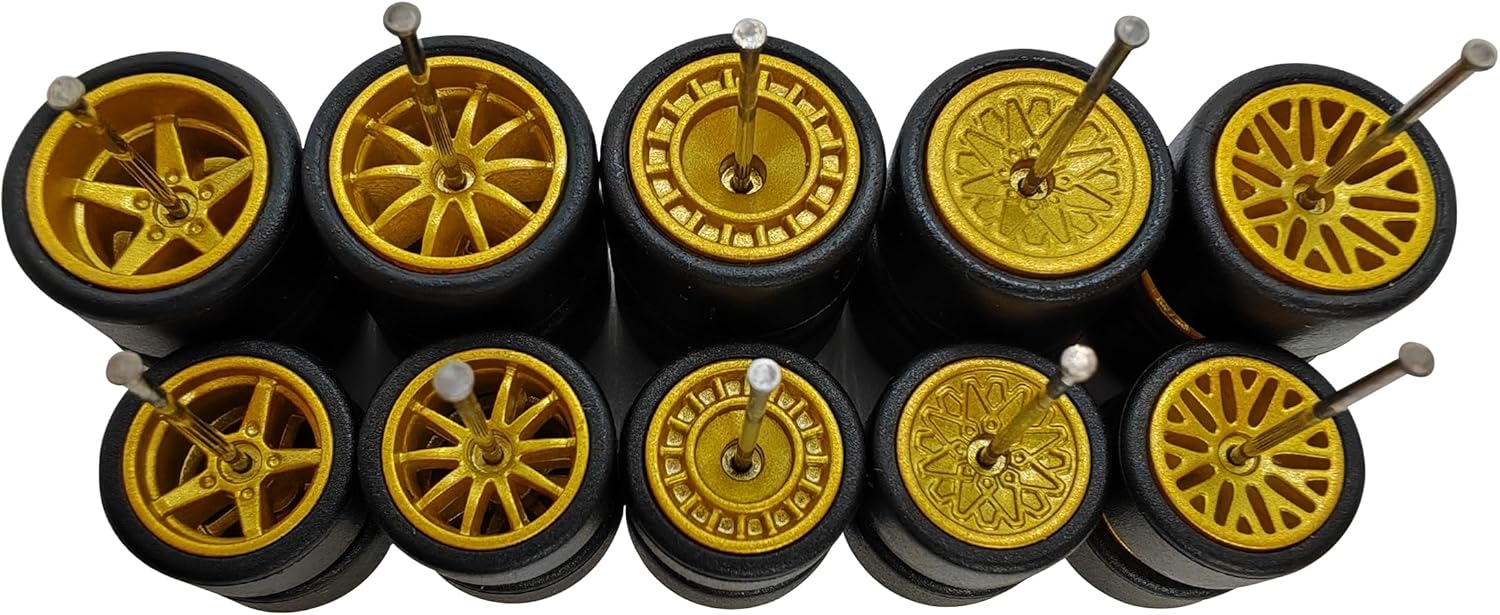 5 Set 1/64 Wheels Small Front and Large Rear 1/64 Wheels and Tires Set with 5 Styles Wheels and Removable Rubber Tires Suitable for Modification of 1 64 Scale Cars with Narrow Chassis (Gold)