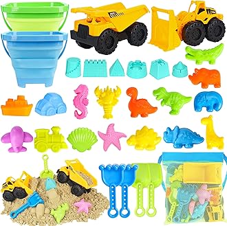 Beach Toys, Sand Toys for Kids Boys and Girls with 2 Construction Vehicle, 2 Collapsible Bucket, Sand Castle Building Kit, Sand Molds, Mesh Bag, Outdoor Toys for Kids Ages 4-8