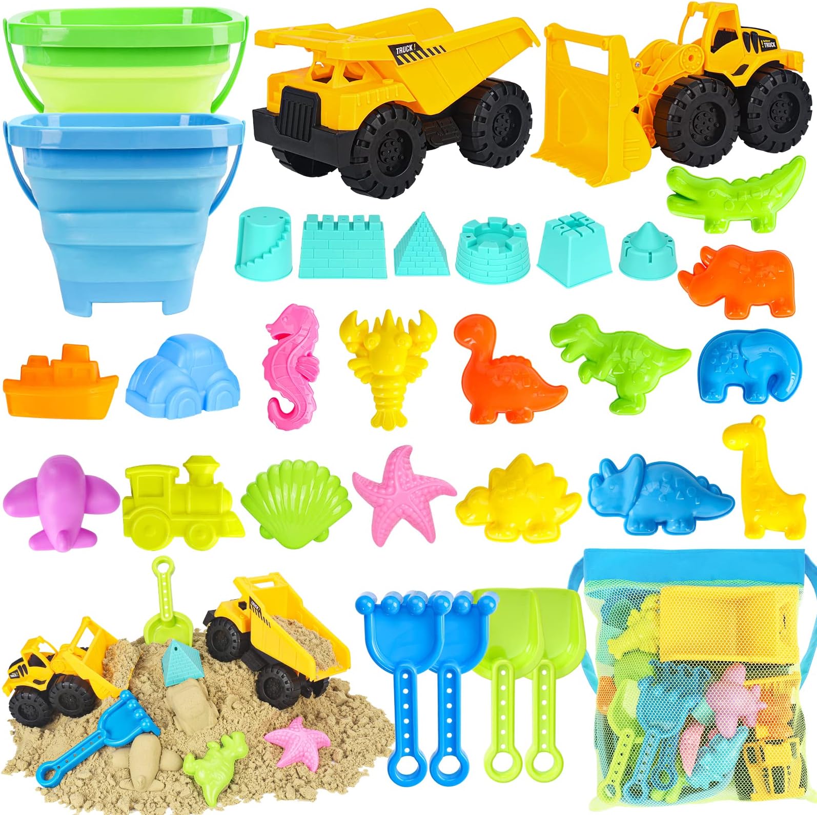 FHOZGECY Beach Toys, Sand Toys for Kids Boys and Girls with 2 Construction Vehicle, 2 Collapsible Bucket, Sand Castle Building Kit, Sand Molds, Mesh Bag, Outdoor Toys for Kids Ages 4-8