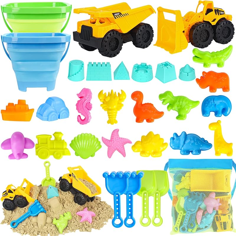 FHOZGECY Beach Toys with 2 Trucks, Collapsible Buckets for Kids Ages 3-12