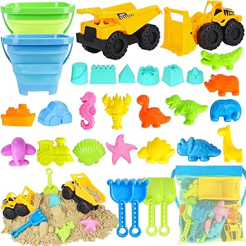 FHOZGECY Beach Sand Toys, 2 Construction Vehicles, 2 Collapsible Buckets, Sand Castle Molds with Travel Mesh Bag, Sandbox Play Set for Kids Ages 3-12, MultiScene Play for Outdoor Summer Beach Games