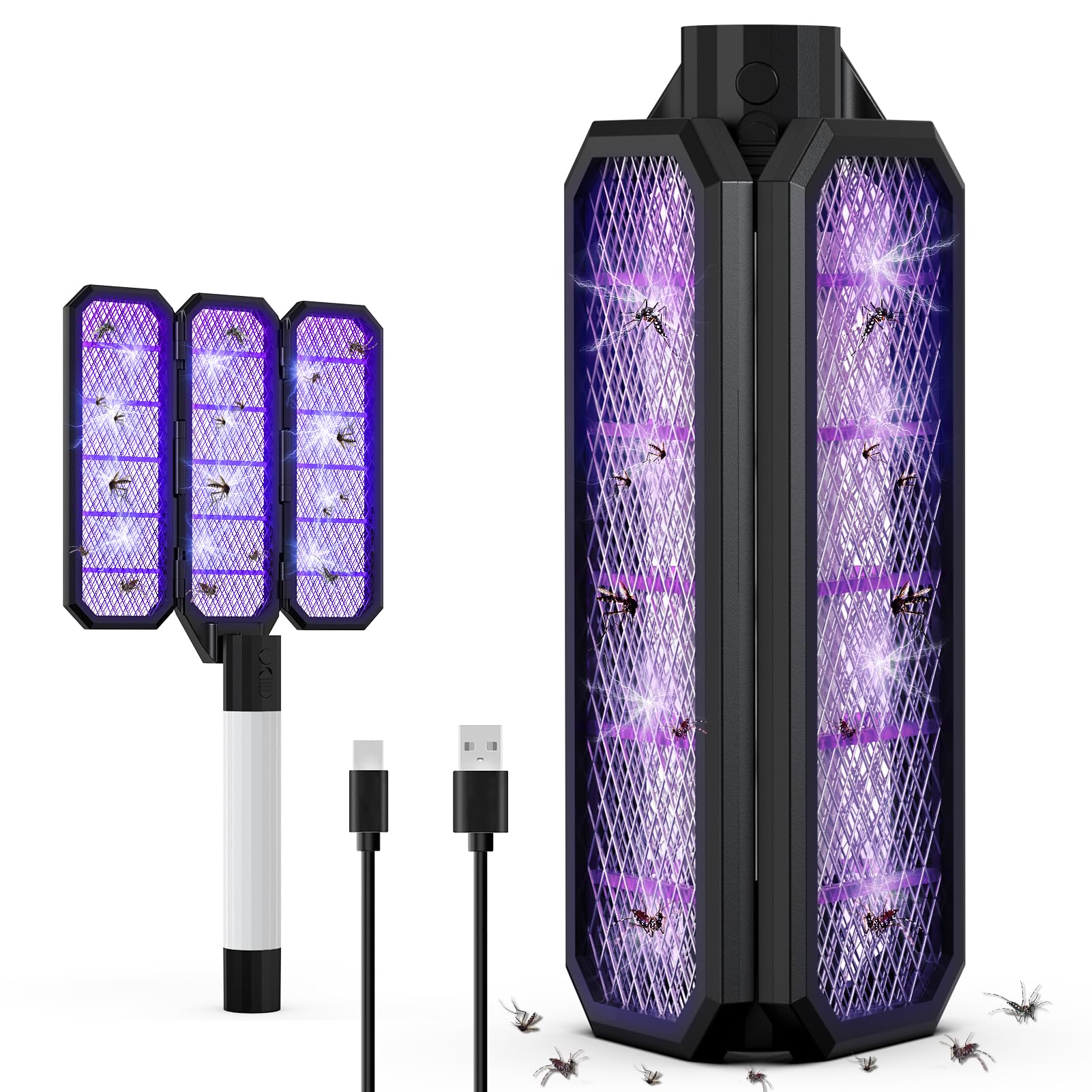 Lampe Anti Moustique, Raquette Anti-Insectes 2 en 1, Tueur D'insectes Portable avec lumière UV, Batterie Rechargeable de 4000 mAh, Électrique Anti Insectes, Design de Voyage Compact