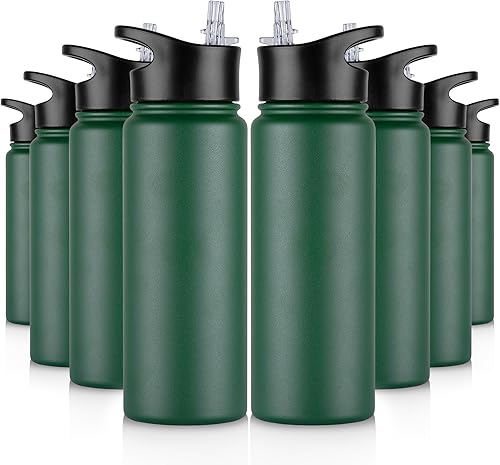Miniatura 37 de Paquete de 8 botellas de agua deportivas de acero inoxidable con aislamiento de 32 oz, botellas de agua con tapa de pajita y tapas de boca ancha,