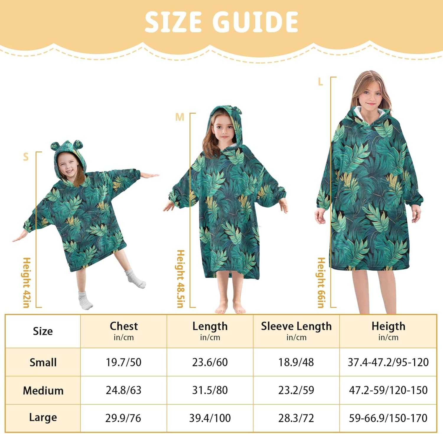 Palm Leaf Green Kids Wearable Blanket Hoodie with Pocket and Sleeves for Toddlers, Cute Hoodies Girls Boys B0403811