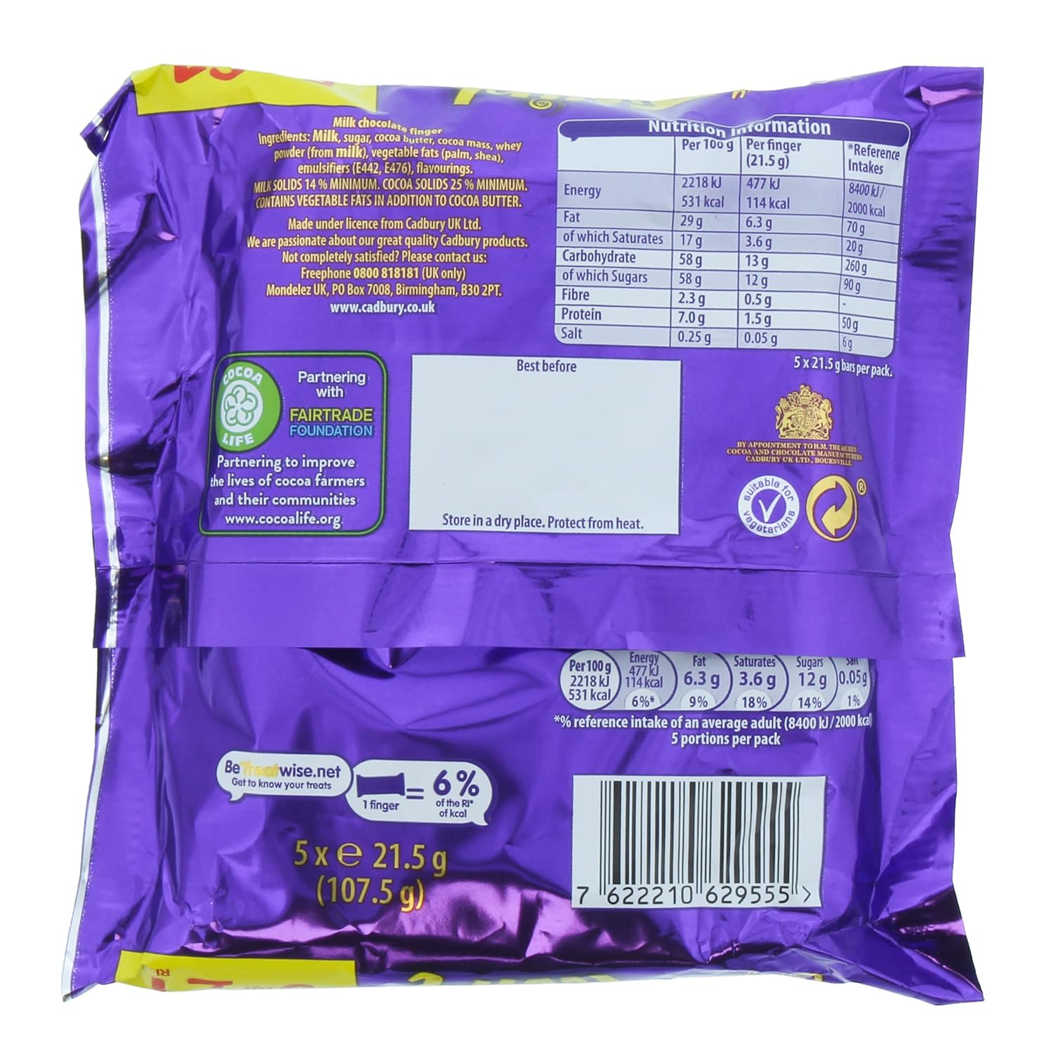 Back of Cadbury Twirl 5pk packaging, showing ingredients list, nutritional information table, and manufacturer details.