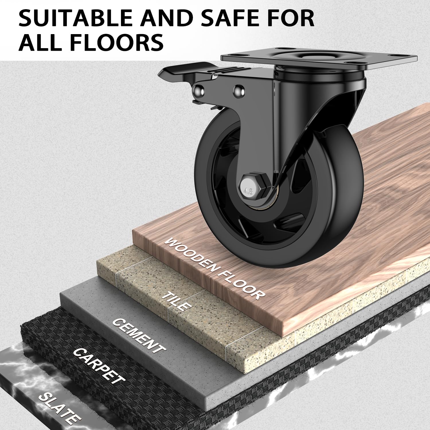 3 Inch Caster Wheels, Casters Set of 4 Heavy Duty, Locking Swivel Casters with Brake, Industrial Plate Casters Wheels Include Free Hardware Kits for Workbench, Furniture, Cart