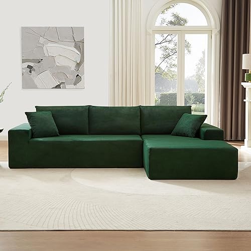 DEINPPA Modern Minimalist Style Modular Sofa Couch with Pillows and Back Support, Deep Sectional Sofa Furniture Set, 4-Seater Corduroy L-Shaped Sofa-Green (Right Facing Chaise)