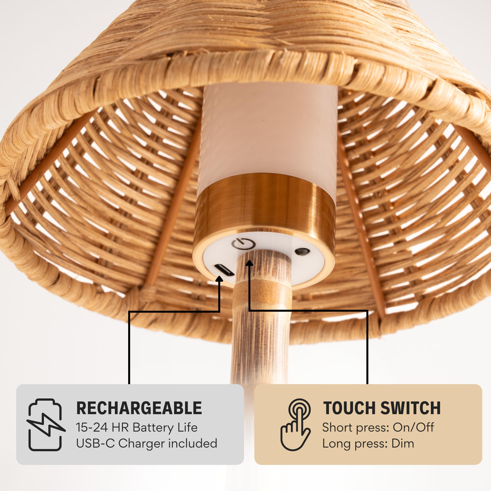 Bambus Kabellose LED Tischlampe - Wiederaufladbare 24-Stunden-Akku, Dimmbares Warmes Licht, Tragbare Kabellose Lampe mit Fernbedienung für Innen/Außen, Haus, Terrasse, Restaurant - (NATURAL RATTAN