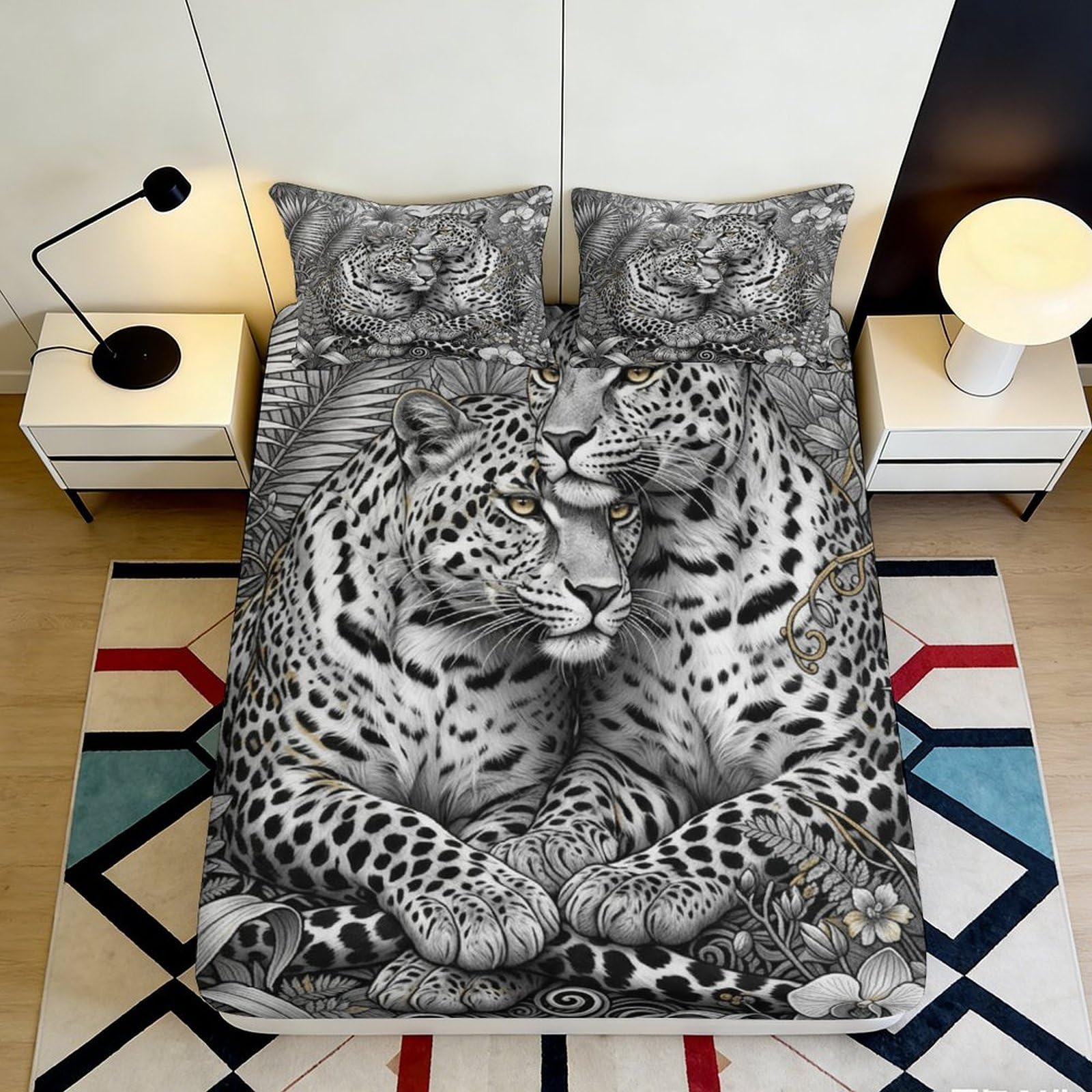 3D Printed Leopard Lovers Fitted Sheet Microfiber Soft Breathable Jungle Cat Mattress Cover for Bedroom Decor 160x200x25cm