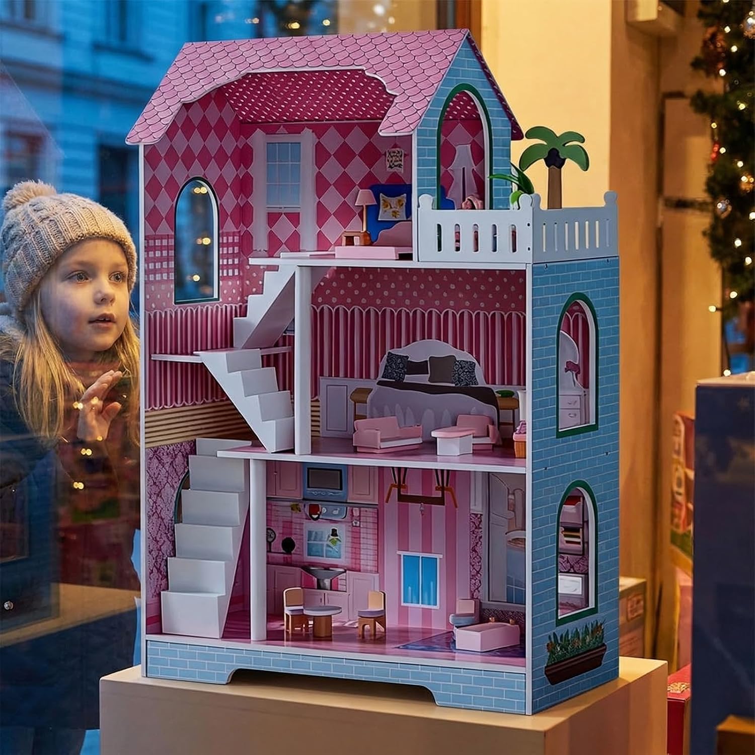 ITEFDTUTNE Wooden Kids Dollhouse, 3 Tier Mini Dollhouse Playhouse with Window Roof Furniture, for Children Ages 3 and Up Role Playing Games (71 * 36.4 * 100.5)