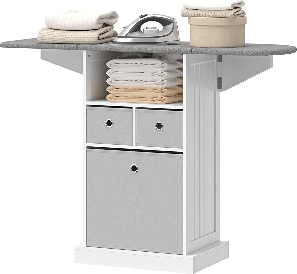 HOMCOM Mobile Asse da Stiro Pieghevole Salvaspazio, Mobile da Stiro Multiuso con 3 Cassetti in Tessuto Effetto Lino, Ruote a Freno, Ripiano Aperto, per Lavanderia e Bagno, 121x37x89.5 cm, Bianco - 1