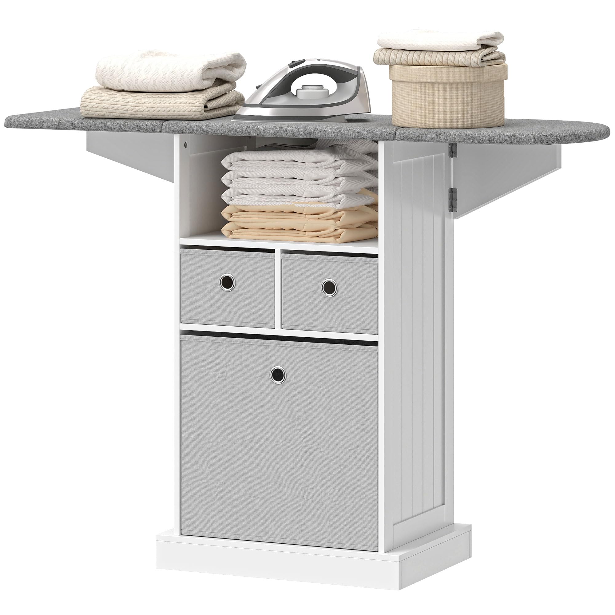 HOMCOM Mobile Asse da Stiro Pieghevole Salvaspazio, Mobile da Stiro Multiuso con 3 Cassetti in Tessuto Effetto Lino, Ruote a Freno, Ripiano Aperto, per Lavanderia e Bagno, 121x37x89.5 cm, Bianco