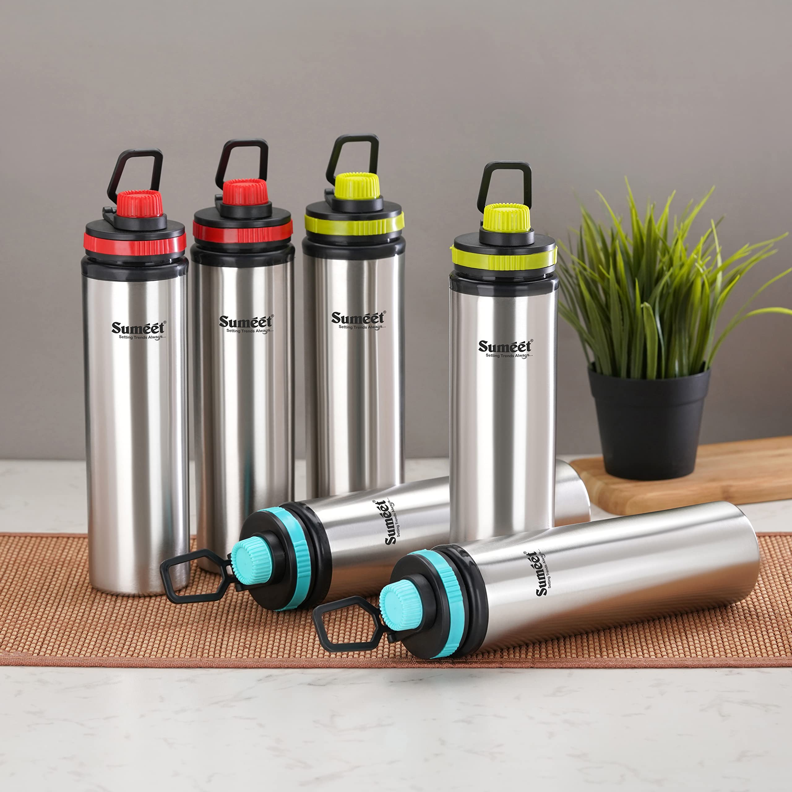 Sumeet Stainless Steel Eco Leak Proof Water Bottle/Fridge Bottle 900 ML,  Pack of 6, Multicolor