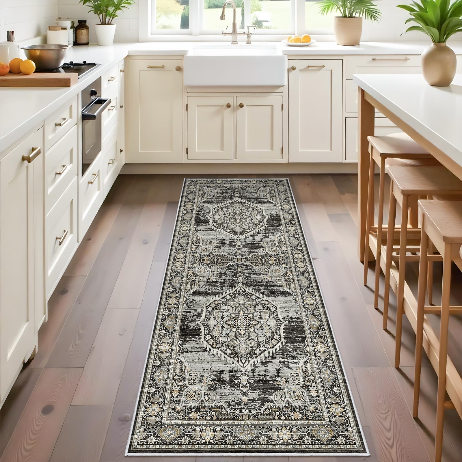 2x6 Washable Hallway Runner Rug: Oriental Indoor Table Runners for Kitchen Bedroom Bathroom Vintage Entryway Non-slip Carpet 3ft Thin Stain Resistant Soft Floor Mat for Laundry Dining Room (Black,2x6)