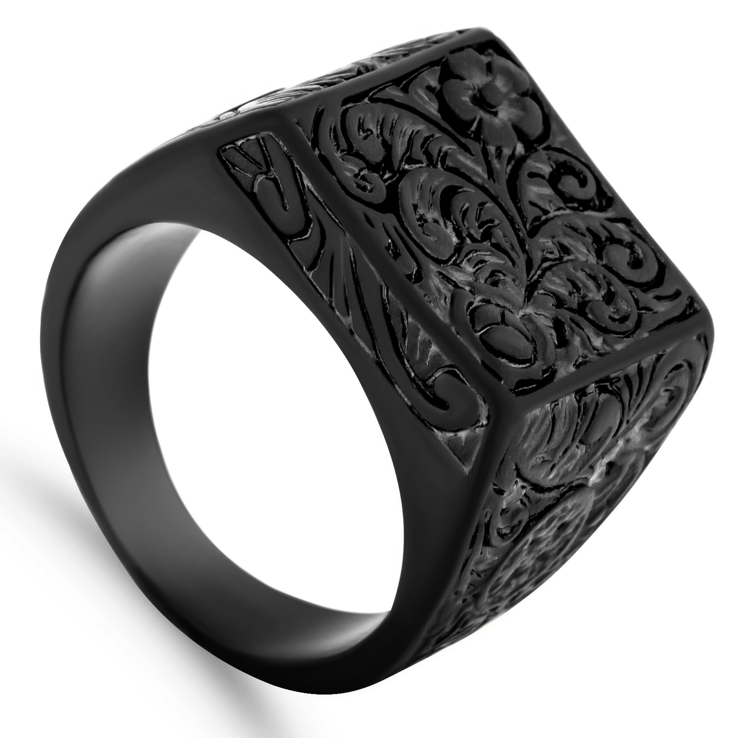 Akitsune Floris Anillo | Design-Anillo Mujer Hombre Acero Inoxidable Sello de adorno floral Grande - Negro Mate - US 9