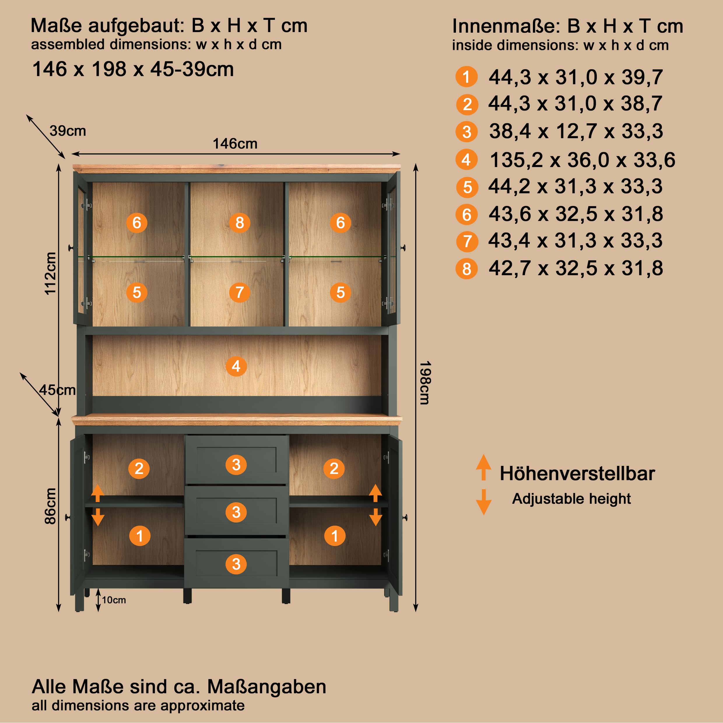 trendteam smart living - Stanton - Buffetschrank - Tannengrün/Evoke Eiche - Vitrine inklusive Beleuchtung mit 4 Türen, 3 Schubladen (BxHxT) 146 x 198 x 45 cm - Landhausstil