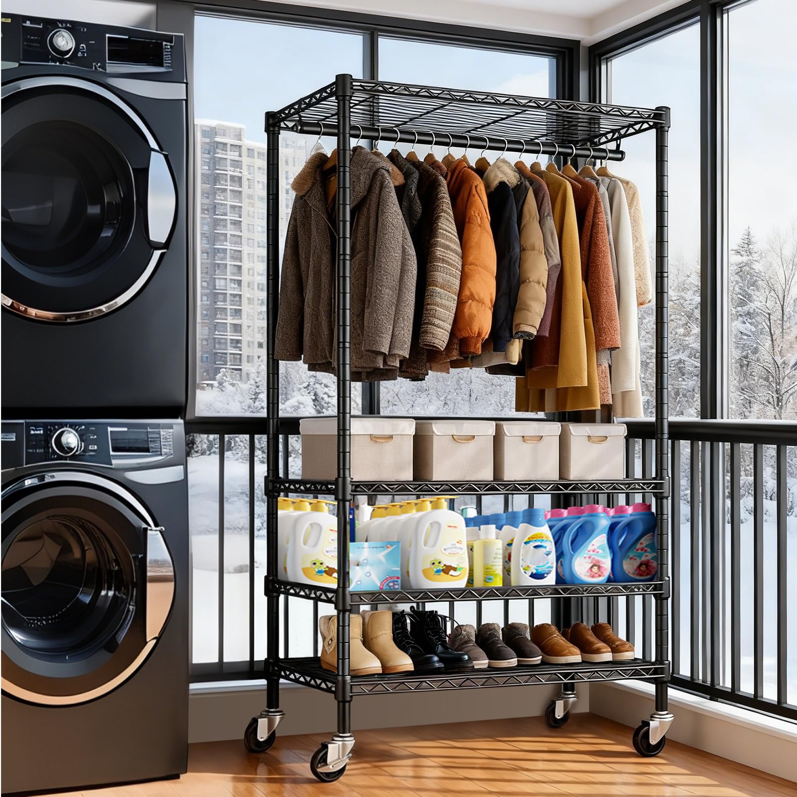 Kleiderständer auf Rollen mit Feststellbaren Rollen und Seitlichen Haken | Schwerlast Kleiderständer Metall Garderobenständer, Kleiderschrank offen für Schlafzimmer, Wohnzimmer - 90 D x 43,5 W x 180 H
