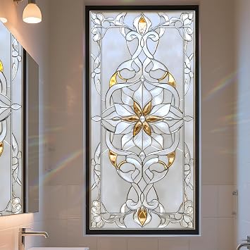 Stained Glass Window Privacy Film Non-Adhesive Sun and Landscape Mosaic Design, Removable Stickers Window Covering for Home Decor Elegant
