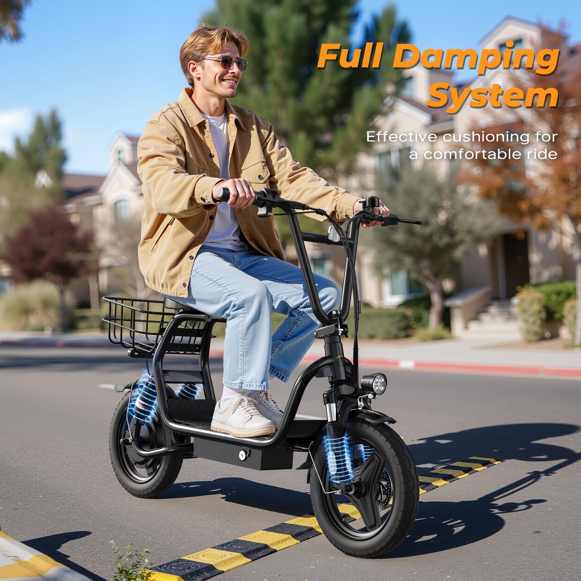 Electric Scooter for Adults with Seat- Peak 750W Motor,Foldable E-Scooter with Back Basket,14" Tire E Scooter with 48V 7.8AH Battery Up to 20MPH &32KM/h Range,Adults Ebike for Commuting Pets & Cargo — view 6