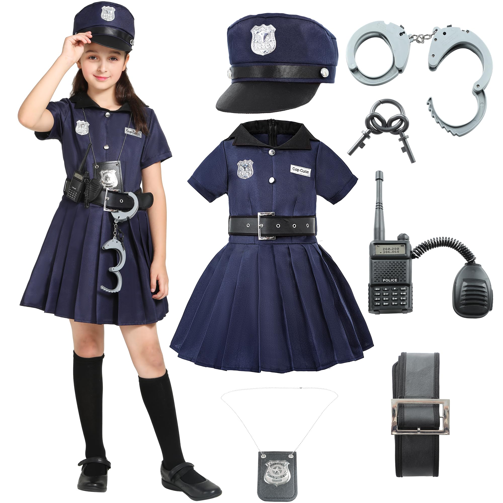 Sincere Party Girls Police Officer Costume,Cutie Cop Dress Up Role Play Set for Girls 8-10years, Girls Police Costume, 8-10 Years