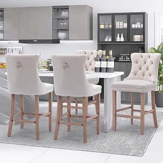 Beige Velvet Bar Stools Set of 4, 27" Counter Height with Footrest