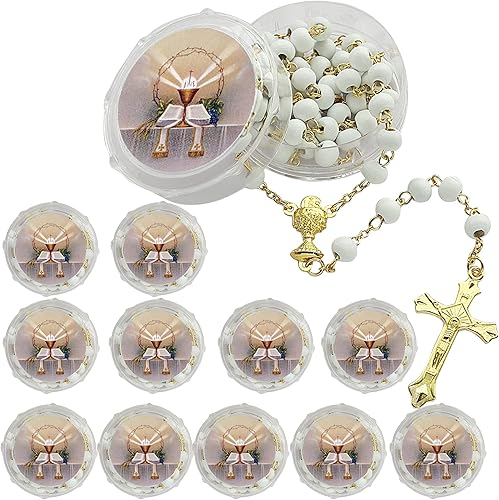 12 piezas de rosario de madera para primera comunión con bolsa de regalo, collar rosario de recuerdo para primera, cadena de oro para comunión, Metal