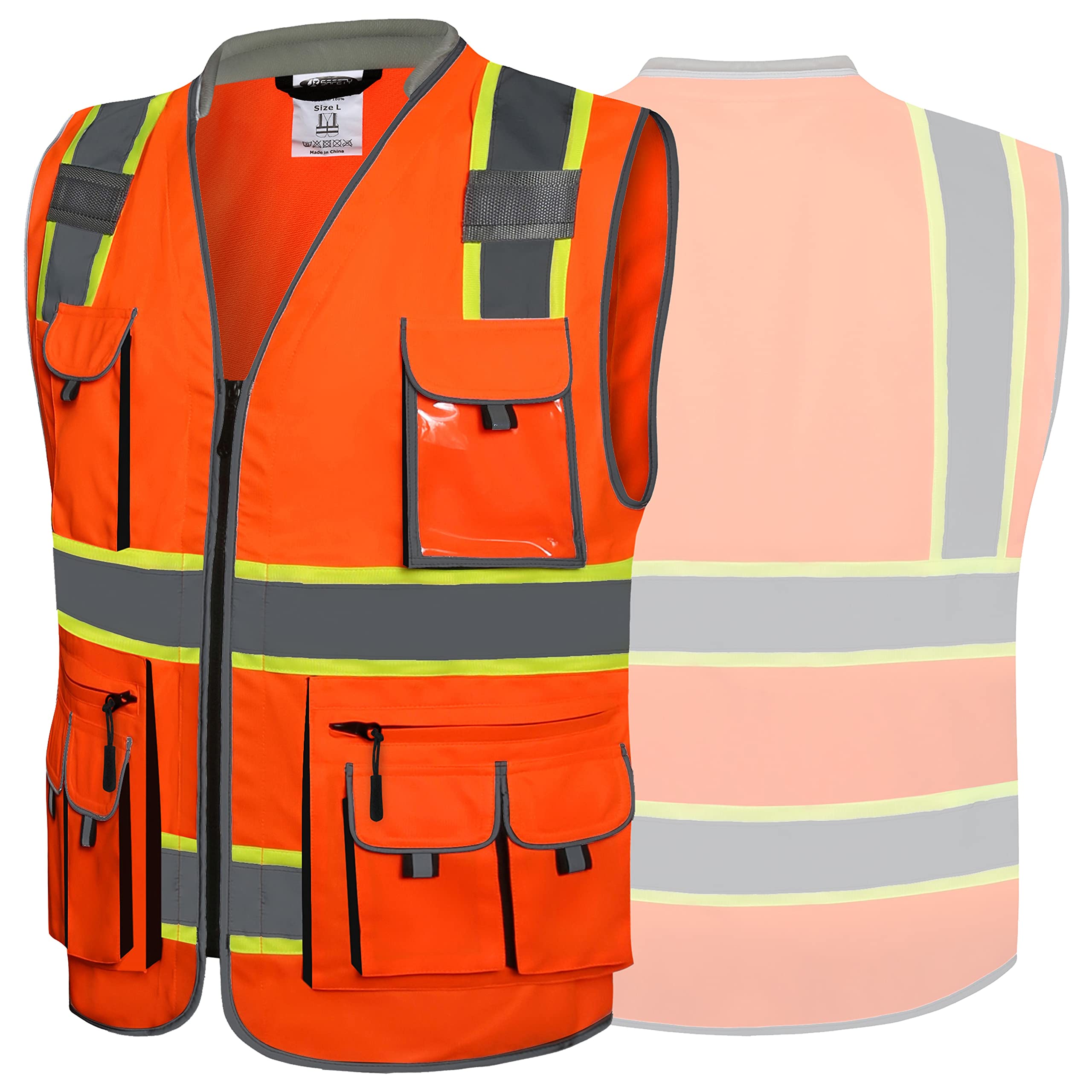 JKSafety Gilet de sécurité haute visibilité avec 10 poches pour hommes et femmes avec fermeture à haute visibilité ANSI/ISEA Classe 2, Oranget1s1, L, Orange 1s1, L