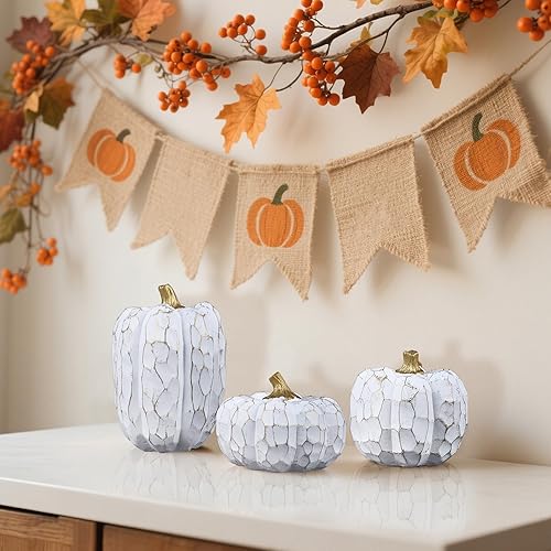 Miniatura 6 de winemana Decoraciones de otoño de calabazas para el hogar, juego de 3 elegantes centros de mesa de resina de calabaza blanca para mesa, repisa,