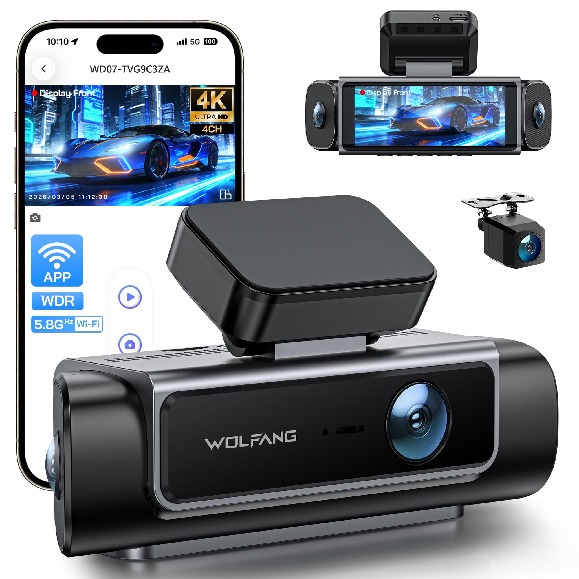 WOLFANG 4 Canaux Dashcam Voiture, Dashcam 4K Avant et 1080p*3, 24H Mode Parking, Caméra Embarquée 610°& 5.8GHz WiFi & Application, G-Capteur, WDR, Vision Nocturne, Enregistrement en Boucle