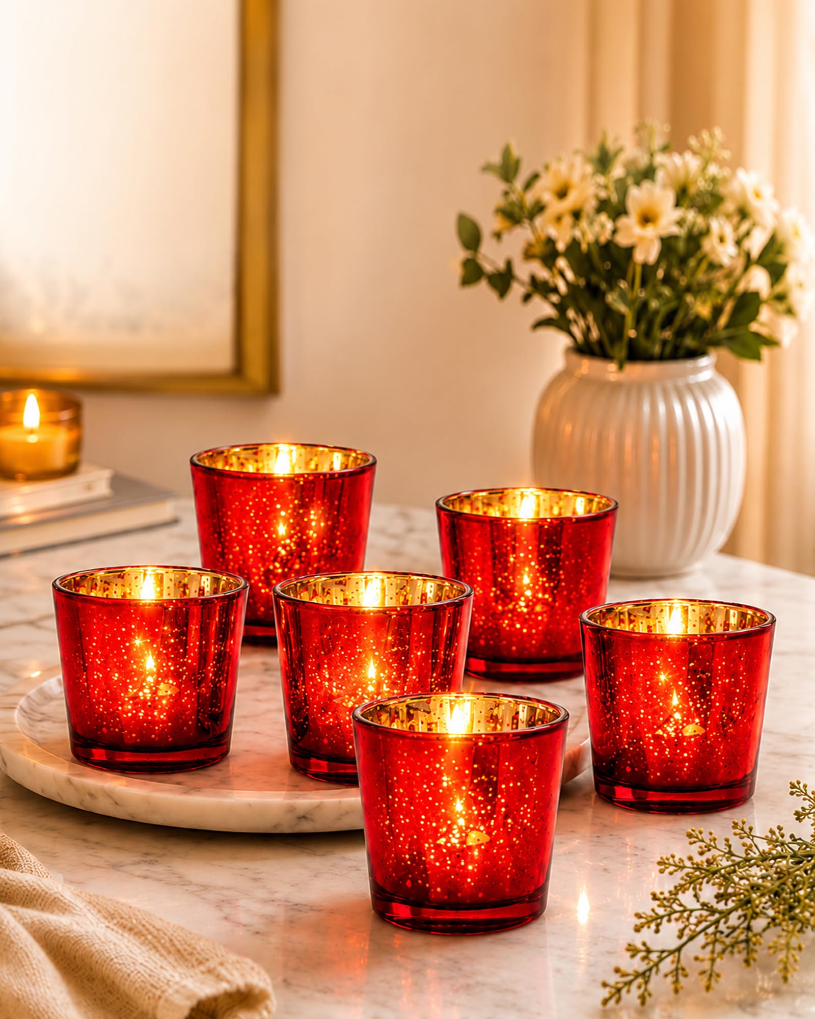 Homesake Red Tealight Candle Holder Set of 6, Mercury Silver T-light Glass Votive for Diwali Decoration, Home Decor, Wedding, Party, for Festive Lighting, Decorative Candle Stand for Table, Pooja Room-picture-18