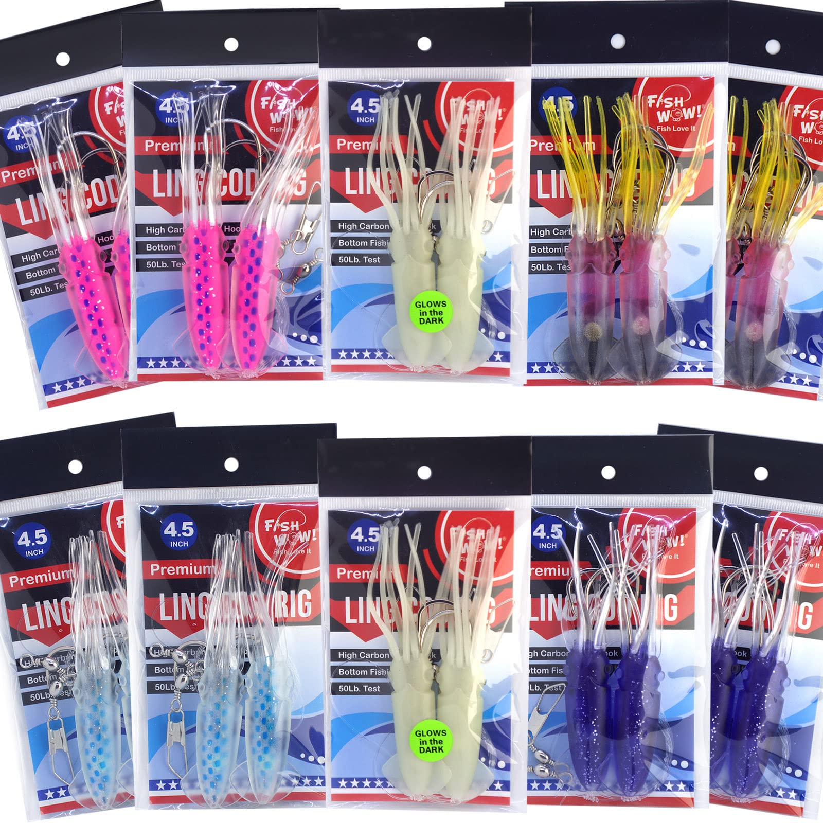 10 Packs - 4.5" Fishing Ling Cod Rig Twin Bulb Squids Rockfish lingcod Soft Lure -5 Colors- Blue, Pink, Purple, Red/Black, Glow