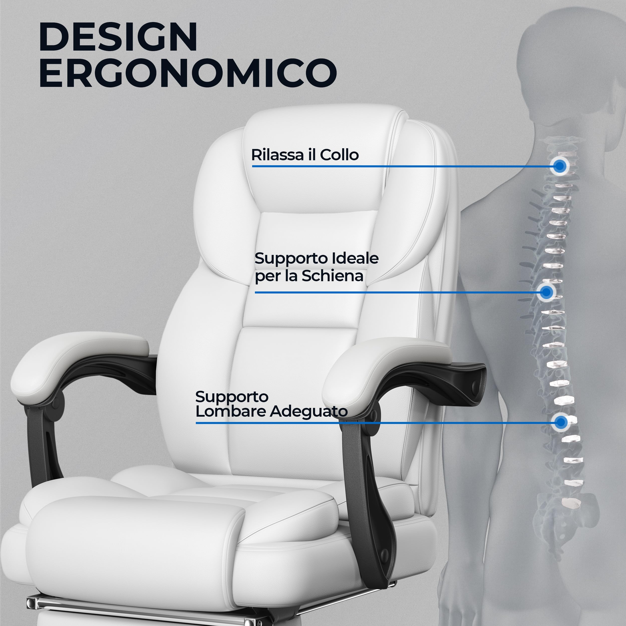 Yaheetech Poltrona Ufficio Ergonomica con Poggiapiedi Sedia da Ufficio in Finta Pelle con Schienale Reclinabile Bloccabile e Braccioli Imbottiti Rotelle Girevole Altezza Regolabile Bianco | Bianco, Poltrona Ufficio Ergonomica Finta Pelle con Poggiapiedi,