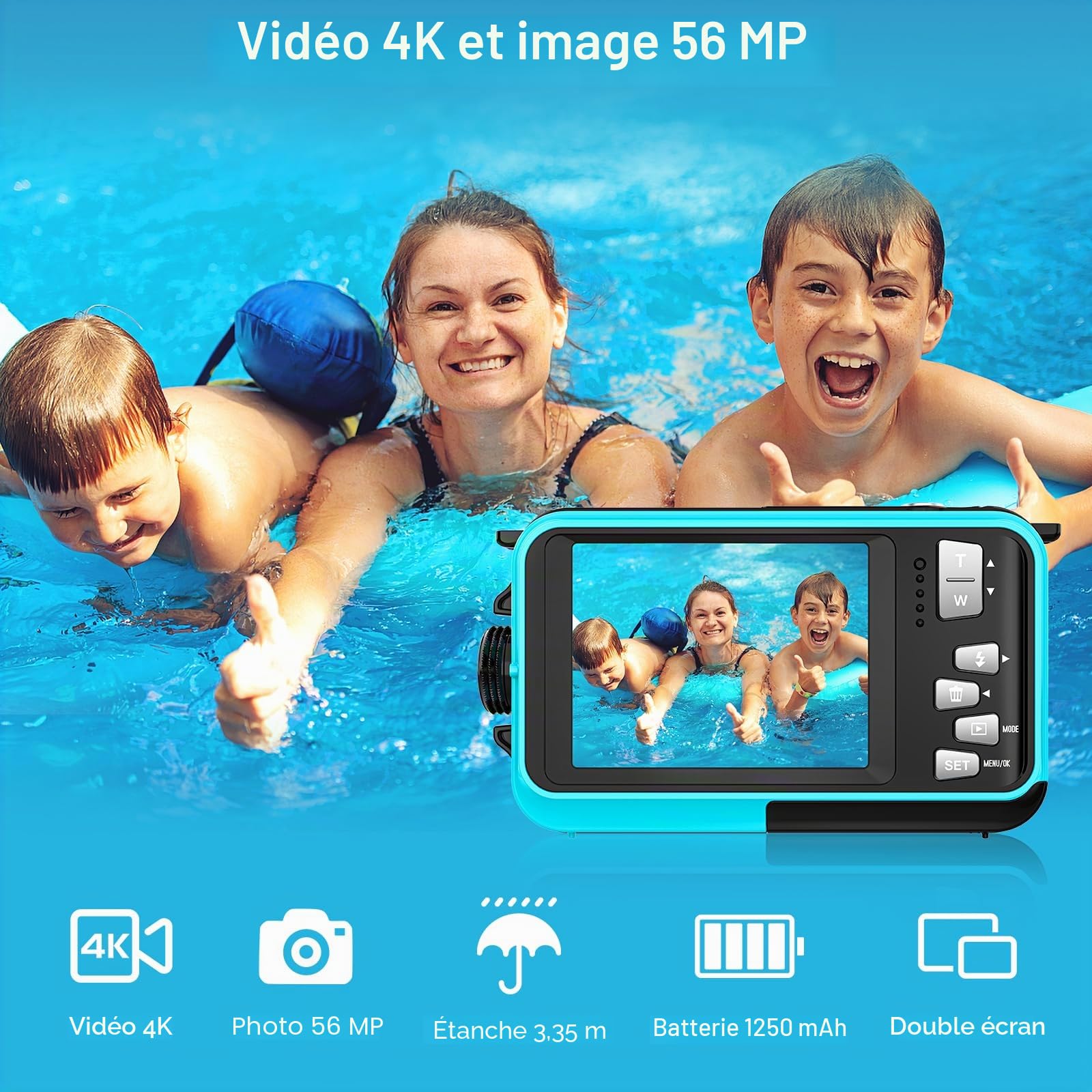Caméra sous-marine UHD 4K 56 MP Autofocus Appareil photo numérique étanche avec une carte de 32 Go Selfie Double écran Caméra étanche pour la plongée en apnée