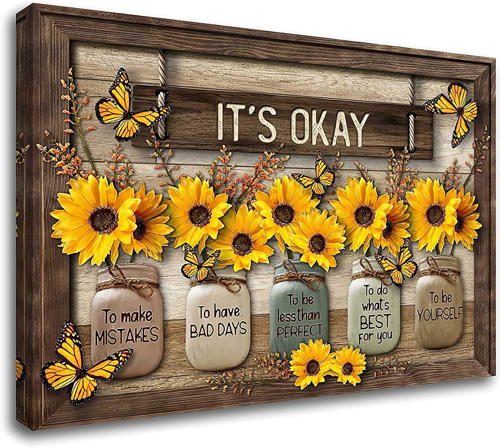 Chunxiaqiu Sunflower Wall Art - It's Okay, Inspirational Bathroom Decor Butterfly Canvas Fall Swag Canisters Home Kitchen Room Decor, 16 x 24 inches