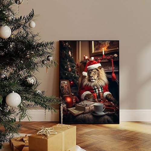 Miniatura 6 de (24 x 32 pulgadas, marco de metal negro) Mr. Lion Christmas Vacation lienzo enmarcado pintura de un divertido póster de animal para póster