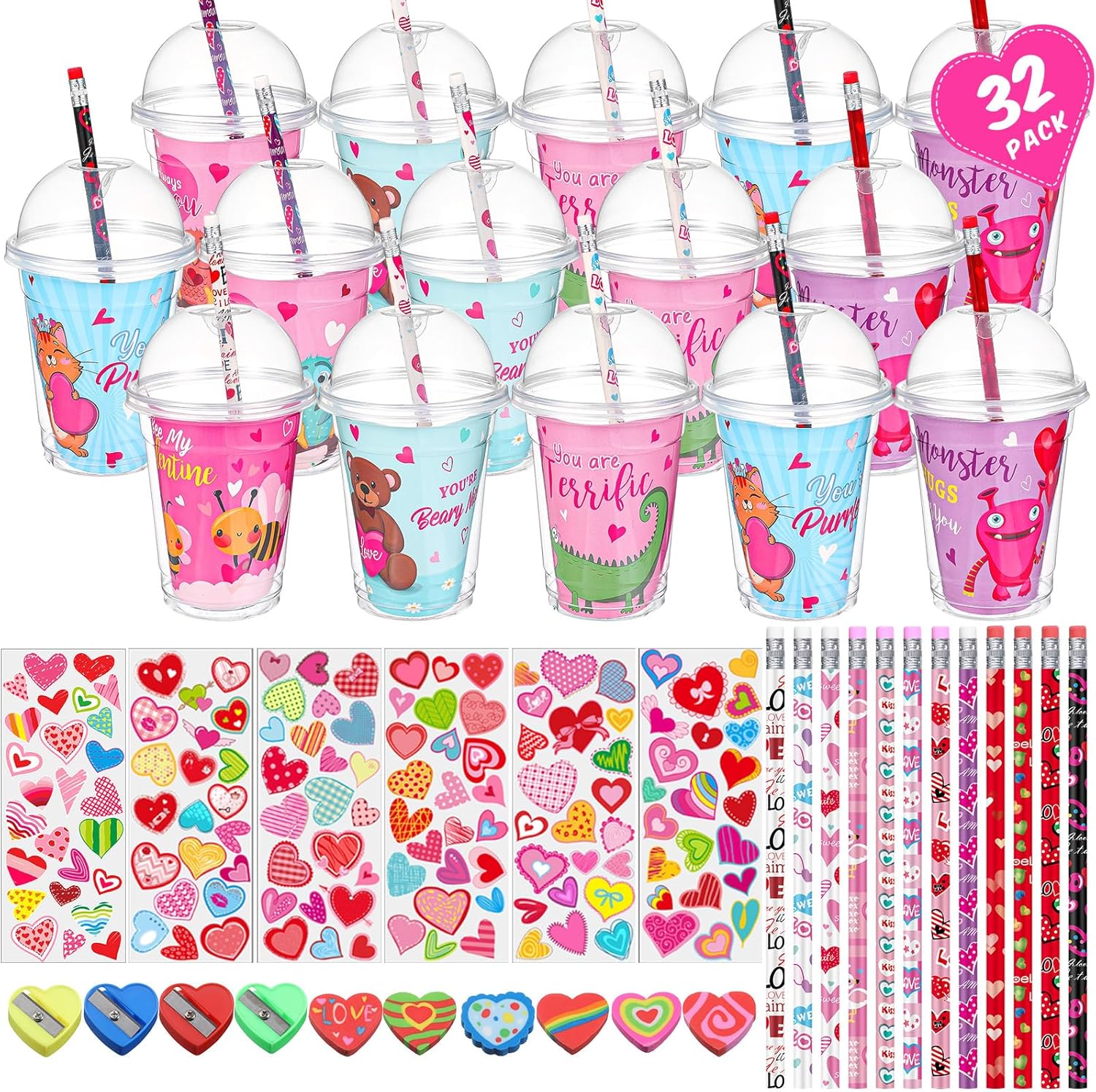 Pasimy 32 Set Valentine‘s Day Stationery Gift Valentine Classroom Exchange Gifts Include Cups Cards Pencils Stickers Erasers Sharpeners for Boy and Girl School Prize Party Favors