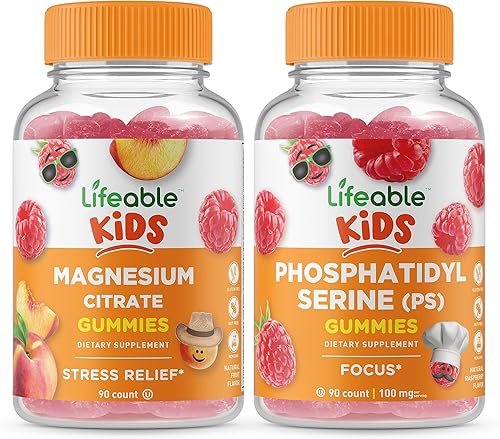 Lifeable Citrato de magnesio para niños + fosfatidilserina (PS) paquete de gomitas para niños, gran sabor, suplemento vitamínico, sin gluten, sin