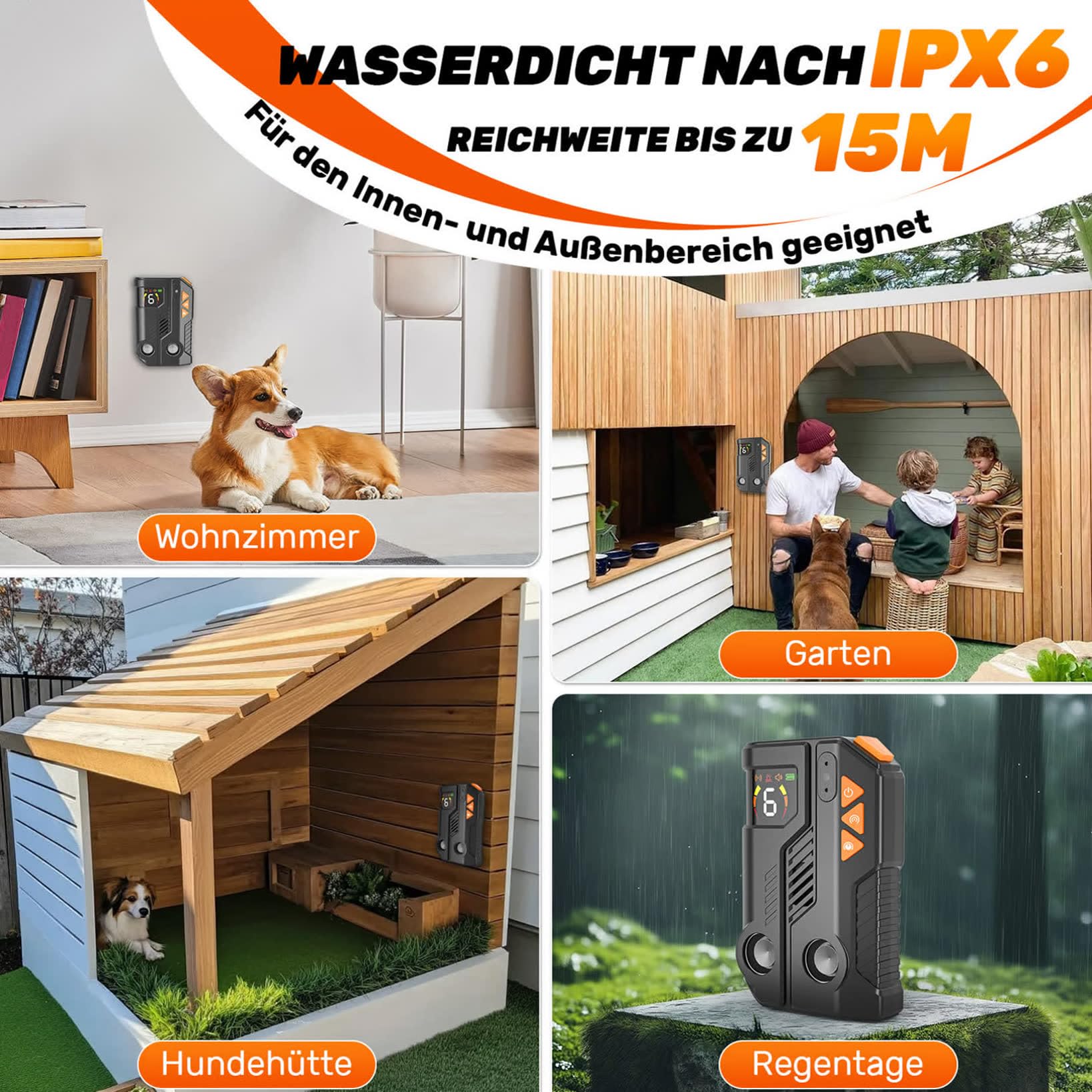 Anti Bell Gerät Hunde Antibell Ultraschall Gerät mit AI-Erkennung, Hundeabwehr Ultraschall 2 Sender, Hunde Bellen Stoppen Innen & Außen, 6 Empfindlichkeit und 3 Intensität, IPX6 Wiederaufladbar