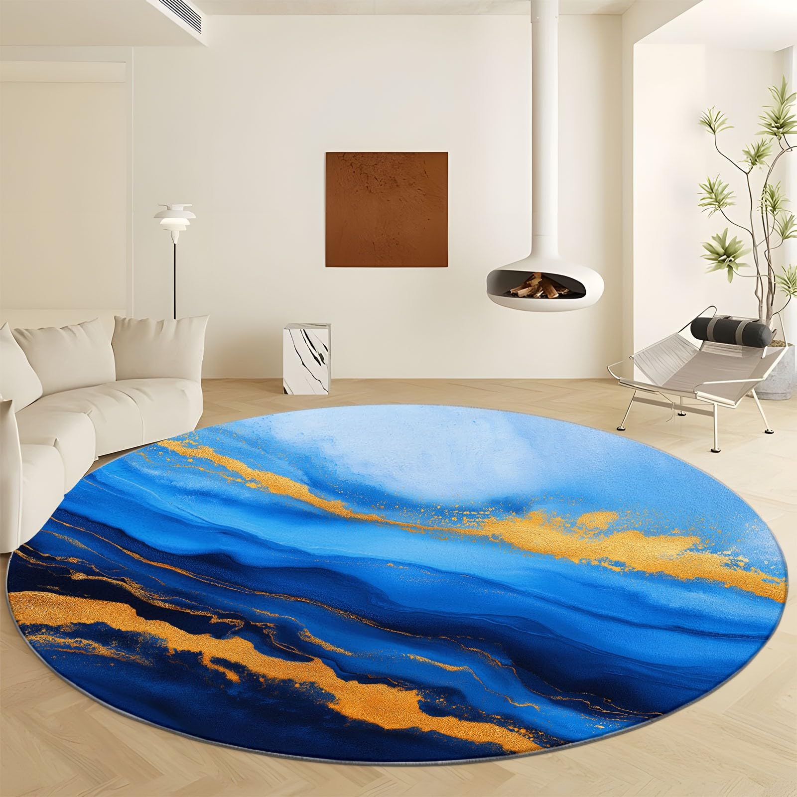 Générique Tapis Rond Salon 180 cm Texture Bleu Or Abstrait, Tapis de Sol décoration marbre Encre antidérapant Coureur - pour Chambre Cuisine Balcon terrasse Salon Salle à Manger intérieur extérieur