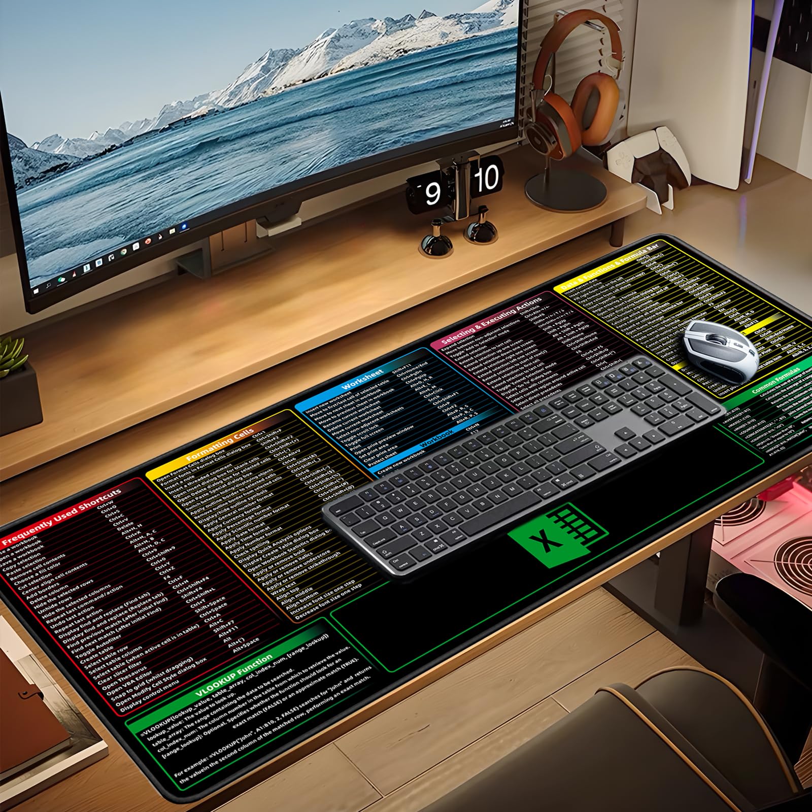 Excel Shortcuts - Alfombrilla para mouse, extendida, grande, XXL (35.4 x 15.7 x 0.12 pulgadas), alfombrilla de mouse para juegos, alfombrilla gigante de escritorio de oficina, alfombrilla de