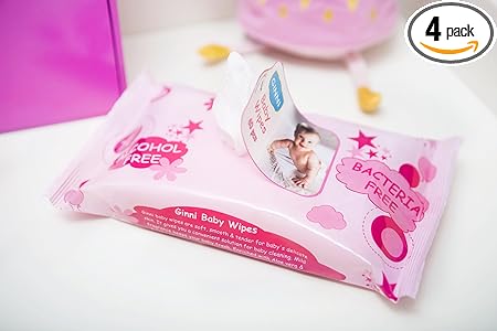 GINNI Soft Baby Wipes (White, 60 Wipes Per Pack) - Pack of 4