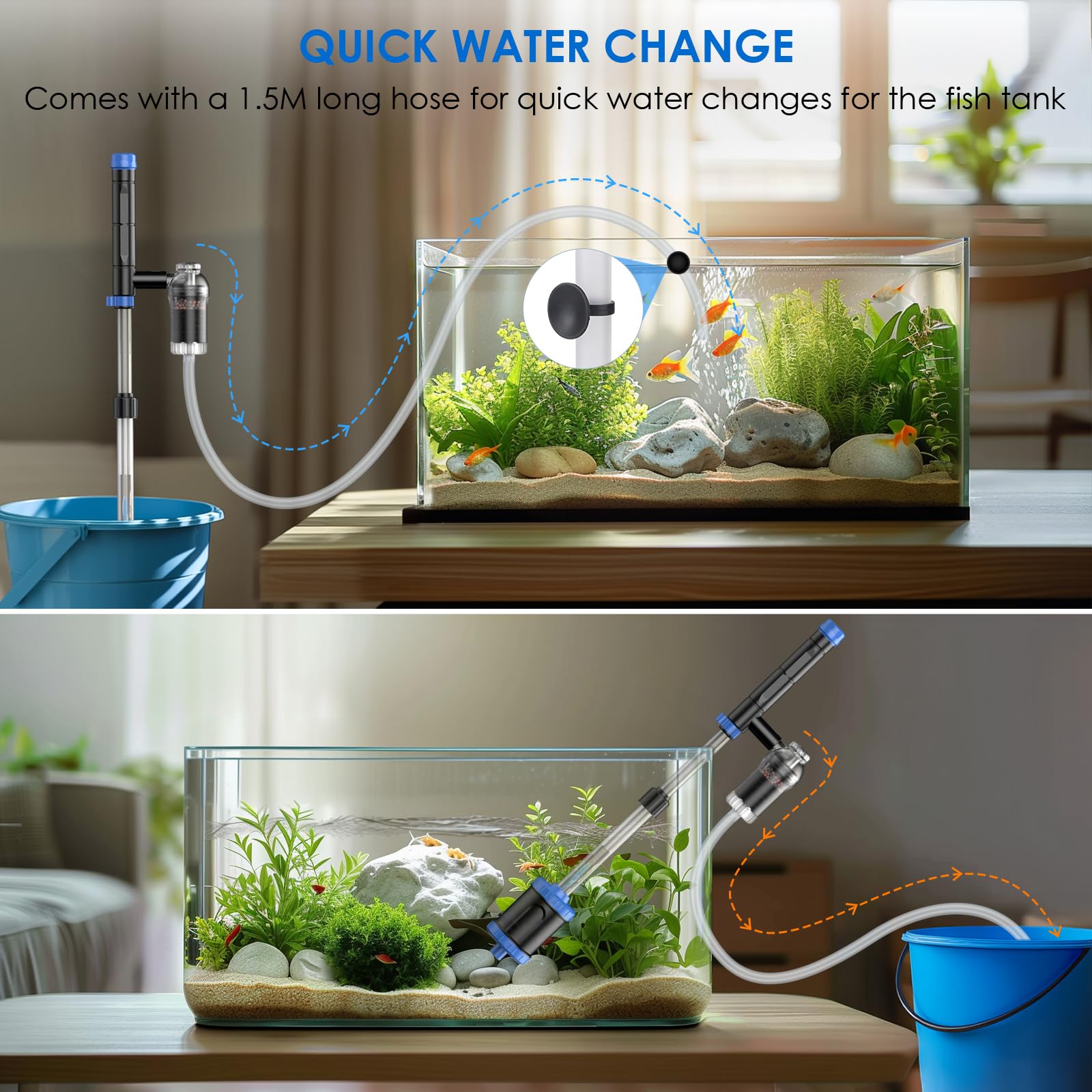 Aspiradora eléctrica de grava para acuarios: 36 W, aspiradora con fuerte succión para cambio de agua, lavado de arena, algas, ducha de agua y circulación de agua, temporizador apagado