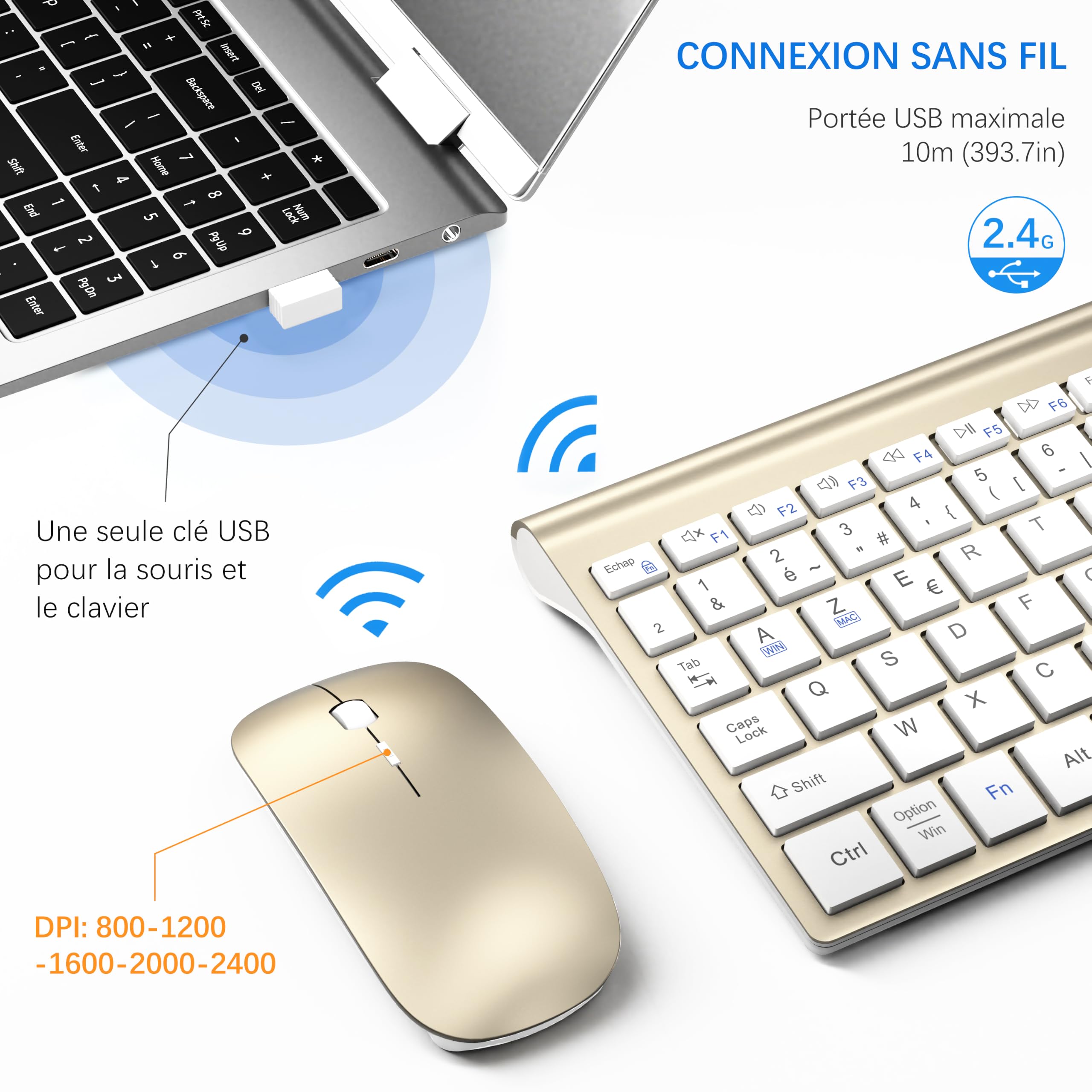 Combo Clavier Souris sans Fil Ultra Fin avec Double Système - Blanc Doré