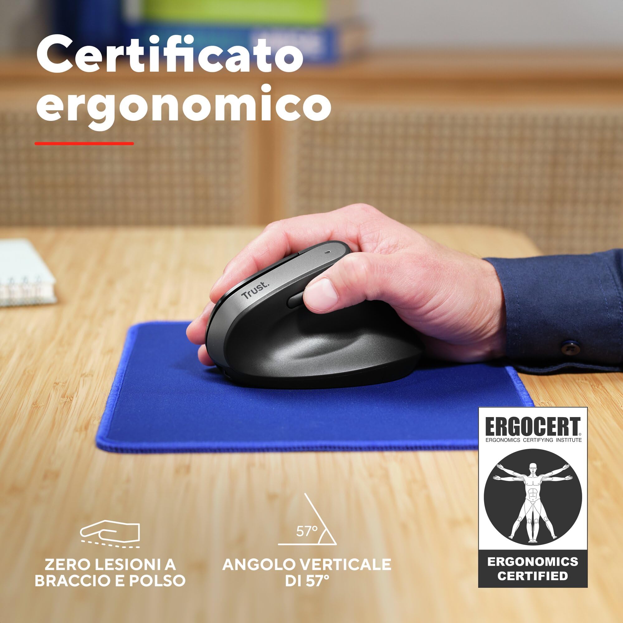 Trust Bayo+ Mouse Verticale Wireless Bluetooth + RF 2.4GHz, Ridurre la Tensione del Braccio e del Polso, 53% Plastica Riciclata, Mouse Ergonomico Ricaricabile Multidispositivo PC Laptop Mac - Nero