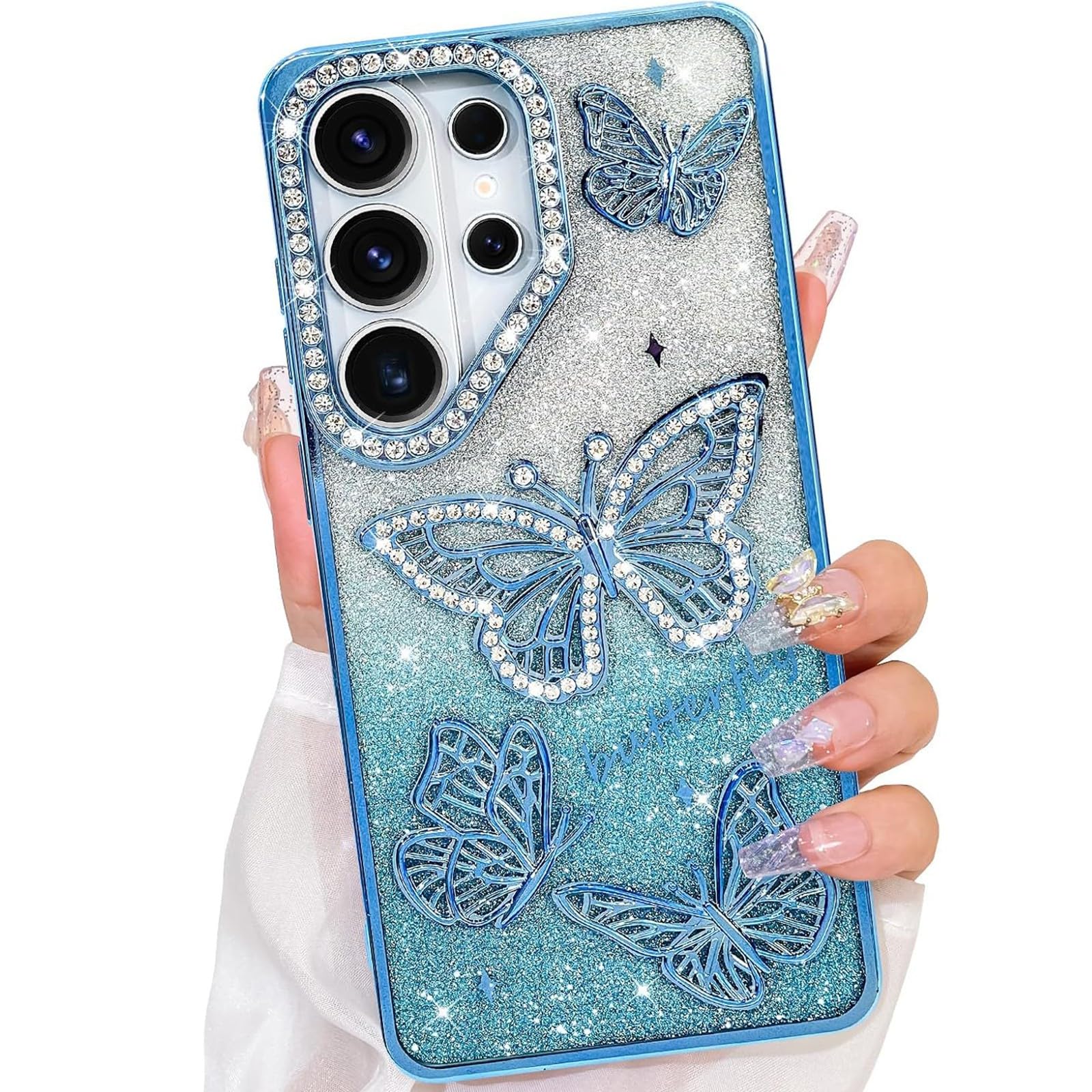Generic Coque compatible avec Samsung Galaxy S23 FE (couleur : bleu) coque rigide en silicone rigide à paillettes papillon